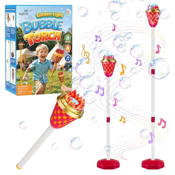 Kiditos Torch Bubble Machine for Kids, 2-in-1 Standing Bubble Maker with LED Lights & Music, Adjustable Height Rechargeable Bubble Blower for Backyard, Pool Parties & Outdoor Fun, Birthday Gift Ages