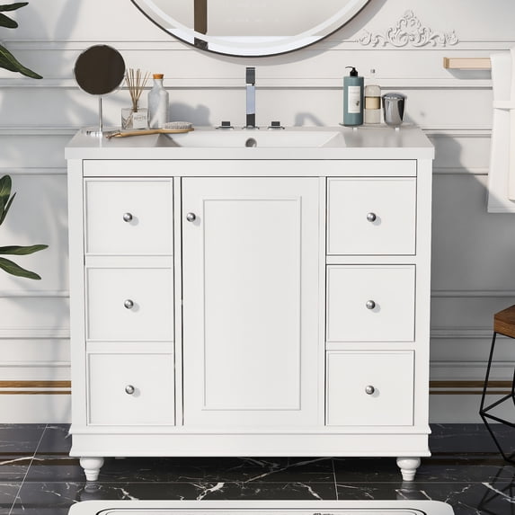 Kidkapers 36" White Bathroom Vanity with Undermount Sink, Resin Basin, 1 Door, 4 Drawers, Adjustable Shelves, Easy Assembly. Multipurpose Storage Solution.