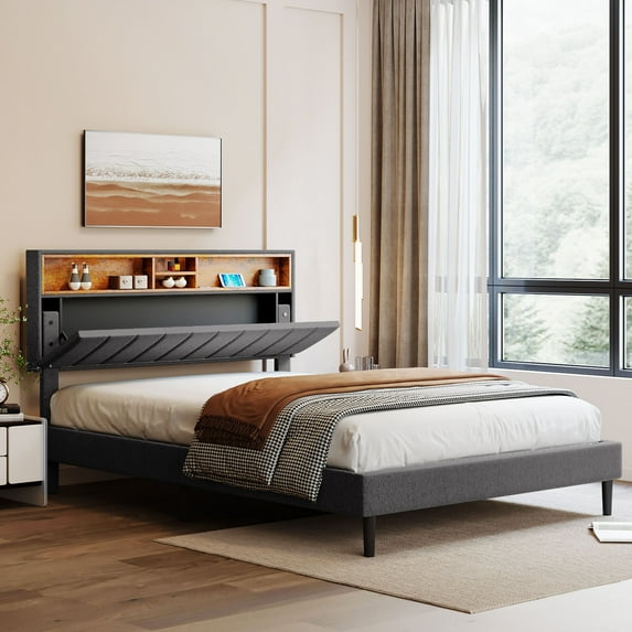 Kidkapers Grey Queen Size Storage Bed with USB Port - Linen Upholstered Platform Frame for Kids, Teens, Adults, Wood Slat