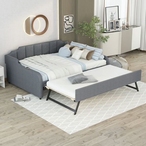 Kidkapers Grey Upholstered Daybed with Trundle, Bedroom Living Room Sanctuary, USB Charging Ports, Adjustable Trundle, Slat Support, No Box Spring Required