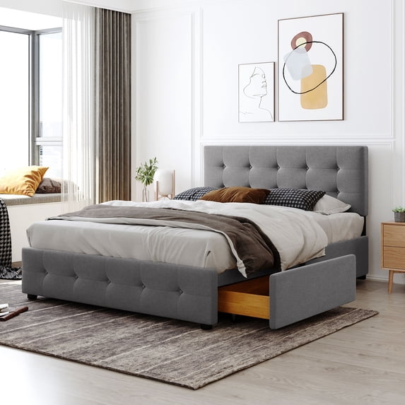 Kidkapers Light Grey Queen Storage Bed: Headboard, 4 Drawers. Upholstered Frame with Button Tufted Headboard. Wooden Slats. No Box Spring Required.