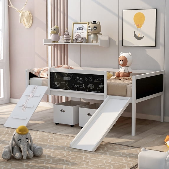 Kidkapers White Twin Size Loft Bed with Slide and 3 Double-Sided Chalkboard, Wood Bed with Two Storage Boxes, Climbing Frame, Slide, Kids Loft Bed Frame