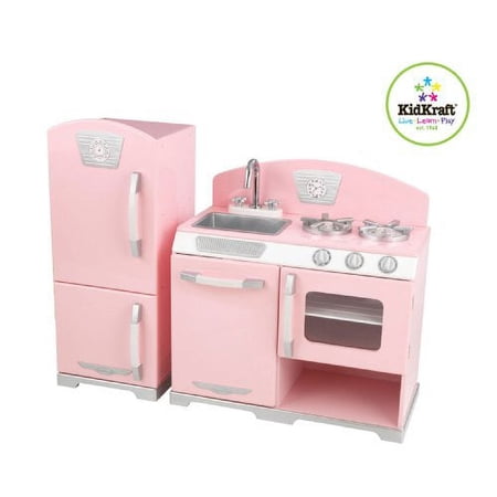 KidKraft Retro Wooden Play Kitchen and Refrigerator 2-Piece Set with Faucet, Sink, Burners and Working Knobs, Pink, Gift for Ages 3+