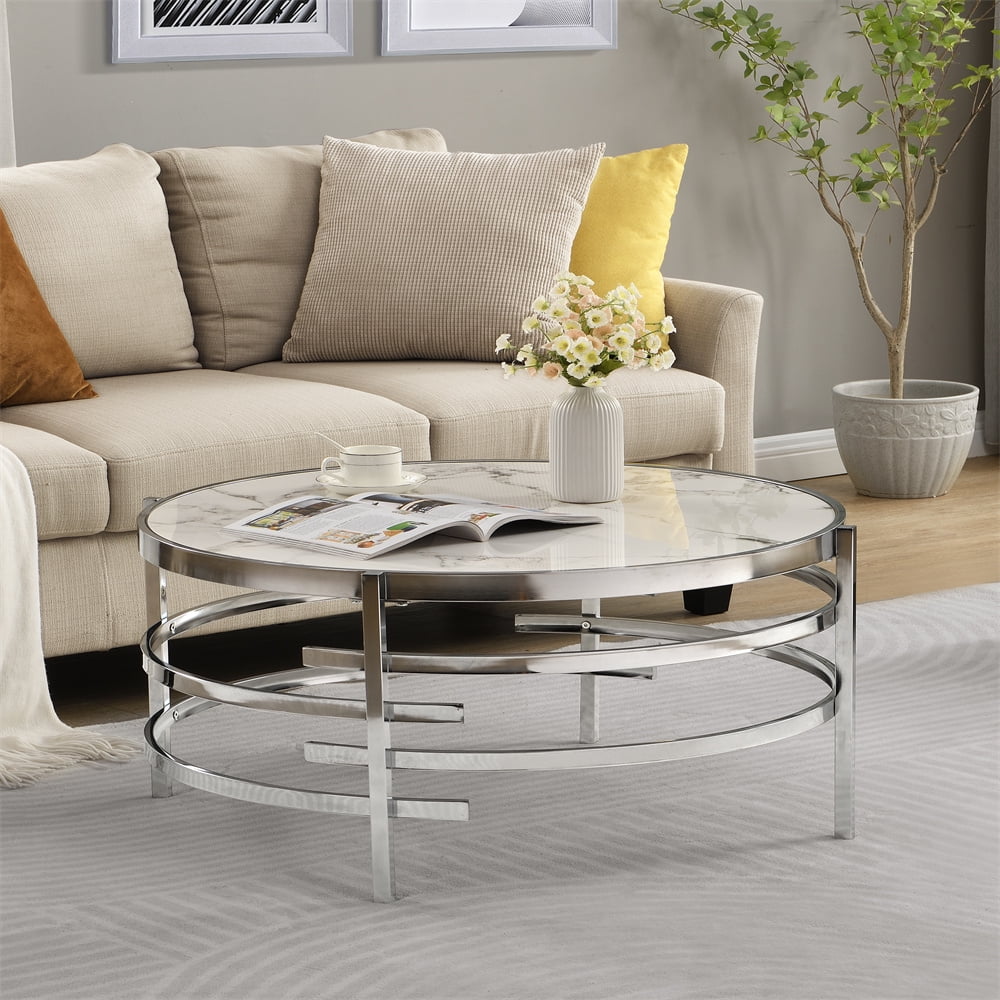 Kidlove Iron 32.48'' Chrome Round Coffee Table with Sintered Stone Top&Sturdy Metal Frame Modern
