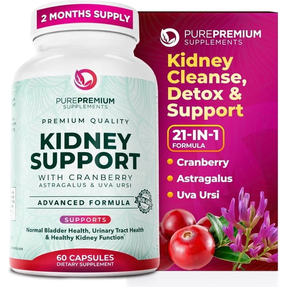 PurePremium Supplements - Kidney Support with Cranberry Extract & Astragalus - Kidney Health Supplement for Urinary Tract, Bladder, Cleanse, Detox & Repair - 60 Cranberry Pills Women and Men