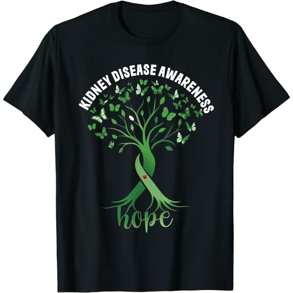 Kidney Disease Awareness Green Ribbon Tree Hope Butterflies T-Shirt ...