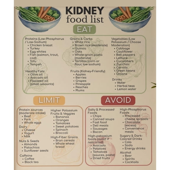 Kidney Food List Poster, Kidney Diet Chart, Low Sodium Food List Poster, Kidney Friendly Diet Plan Poster Nutrition Chart, Healthy Grocery Guide Poster