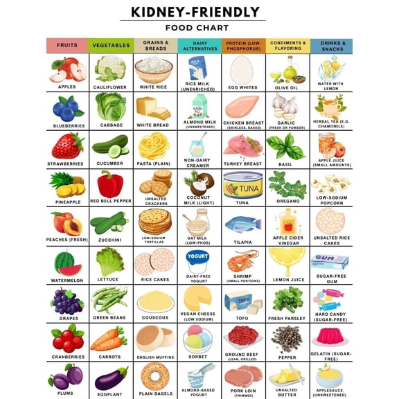 Kidney Friendly Food Chart Poster Low Potassium, Phosphorus, And Sodium List Poster CKD Dietary Plan Poster Kidney Grocery Manager Poster