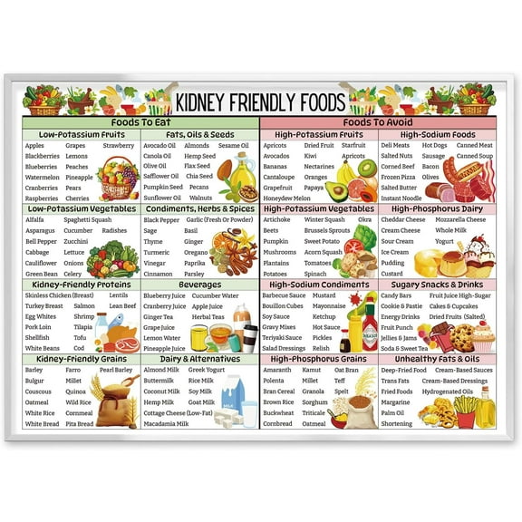 Kidney Friendly Food List Chart 8 x 12 Metal Sign - Prints Kidney Awareness Diet Art Poster for Kitchen House Restaurant Wall Decor