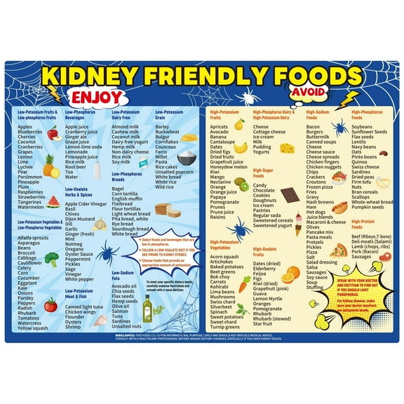 Kidney Friendly Food List Chart Poster Nutrition Guide Poster Low Potassium Grocery & Shopping List For Beginner Renal Awareness Diet Plan