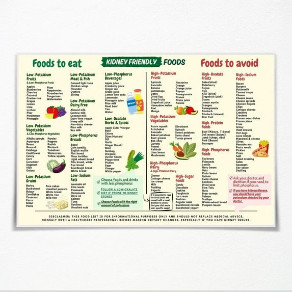 Kidney Friendly Food List Poster. Kidney Awareness Diet Plan List Wall Art canvas print Chart Low Potassium chart Shopping Guide for Kitchen Decor