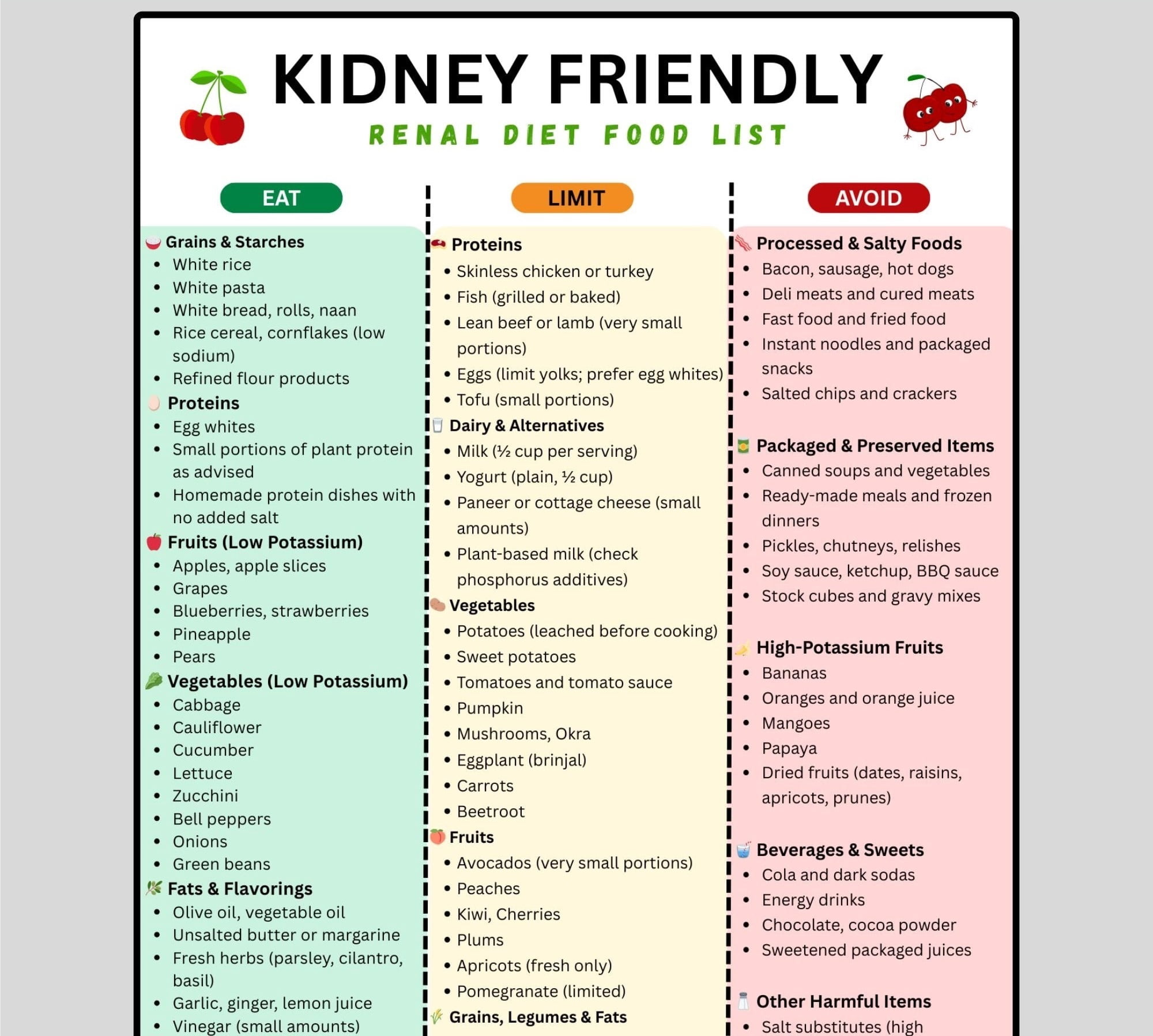 Kidney Friendly Food List Poster, Kidney Diet Chart, Low Potassium Food ...