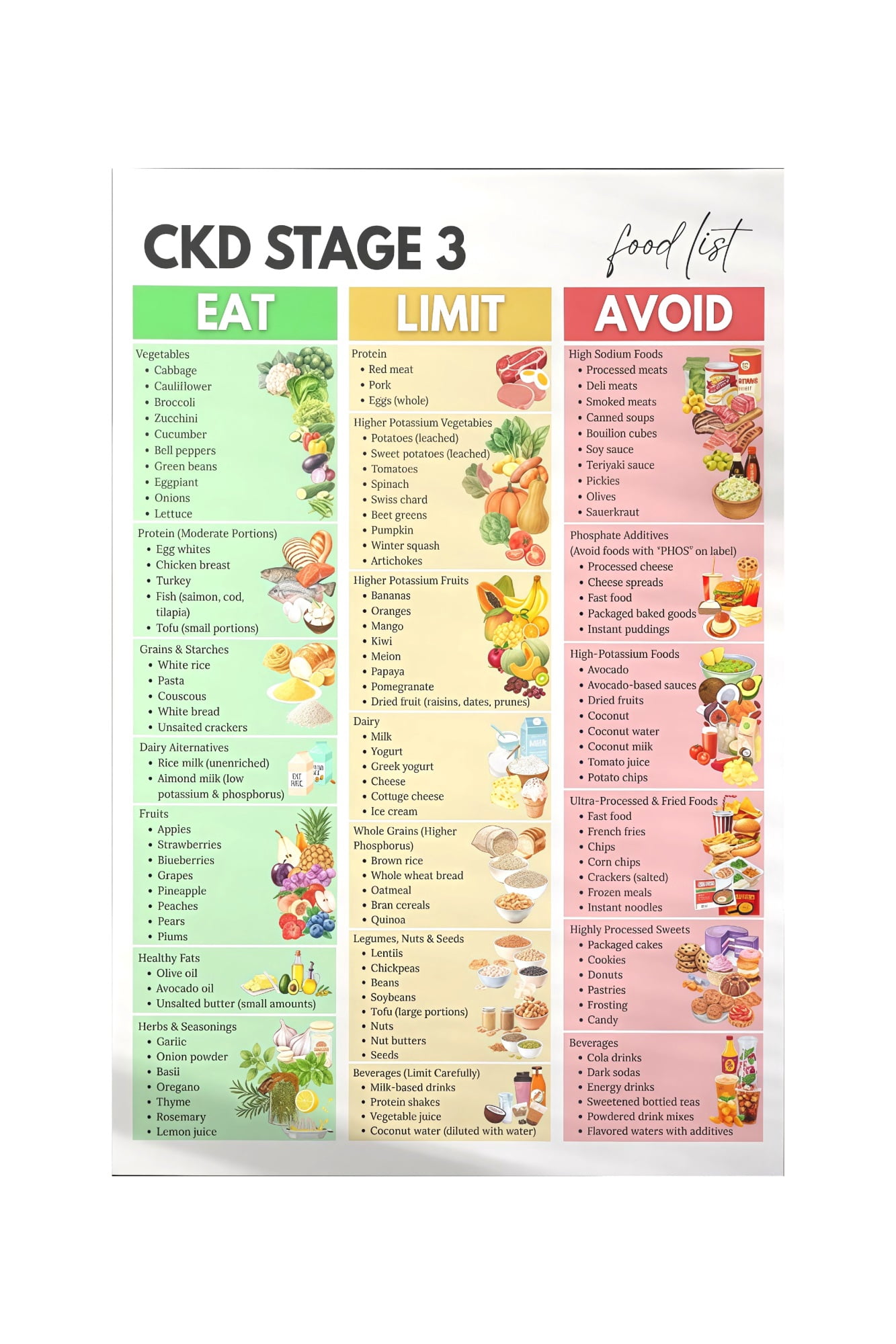 Kidney Friendly Food List Poster Low Potassium Low Sodium Nutrition ...