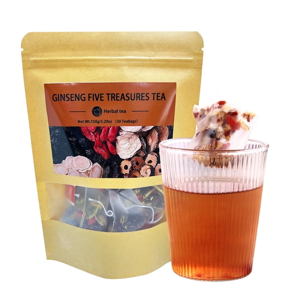 Kidney Ginseng Five Treasure Tea -with Maca Red Date Wolfberry & Mulberry - Combination Scented Tea for Men's Health and Wellness Cleanse Beverage Natural Perfume Herbal Organ, 30 Bags, 150g