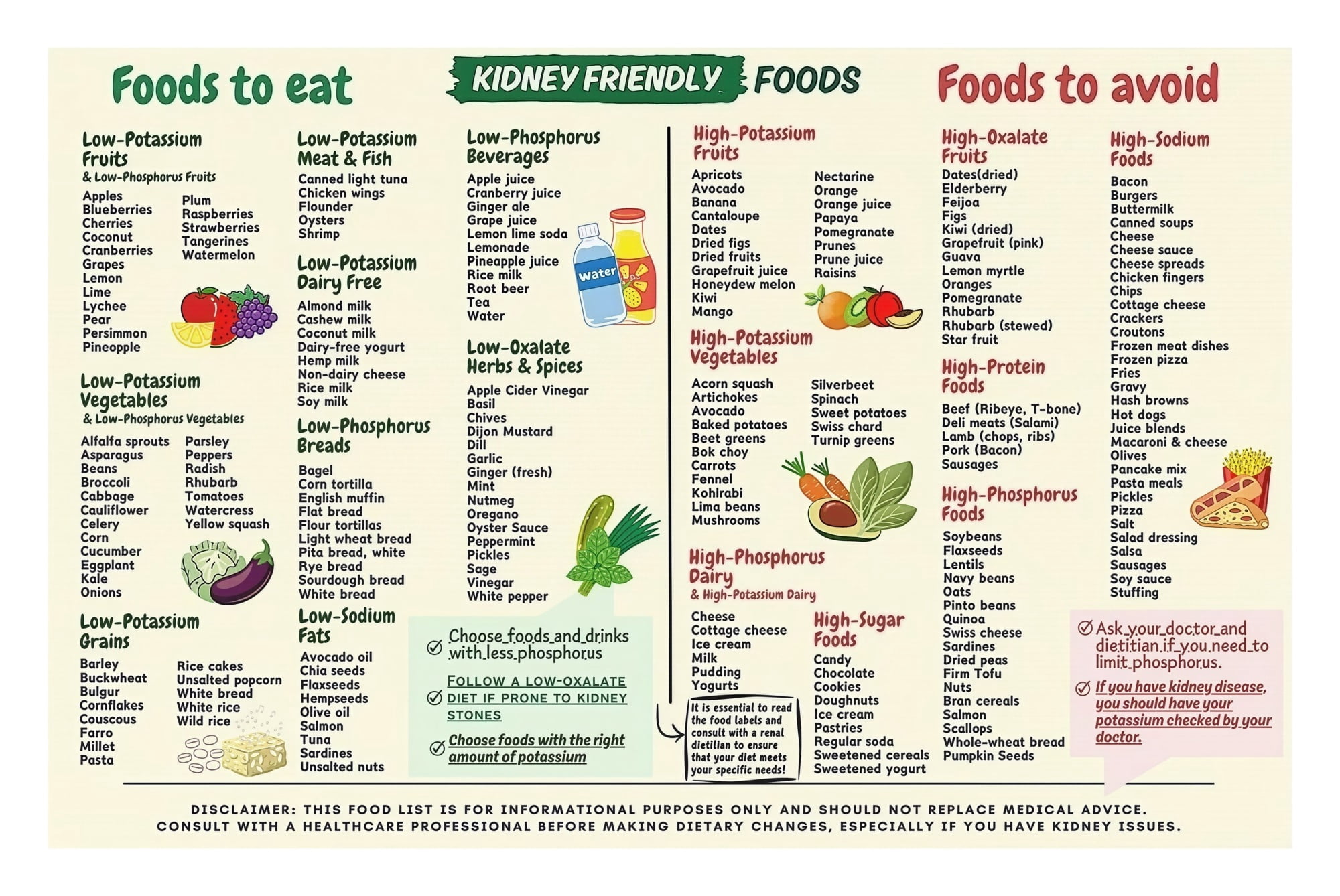 Kidney Health Food Chart Poster Renal Diet Guide with Eat Avoid List ...