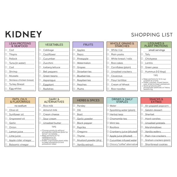 Kidney Shopping List Poster, Kidney Grocery List Poster, CKD Dietary Preparation Guide Poster