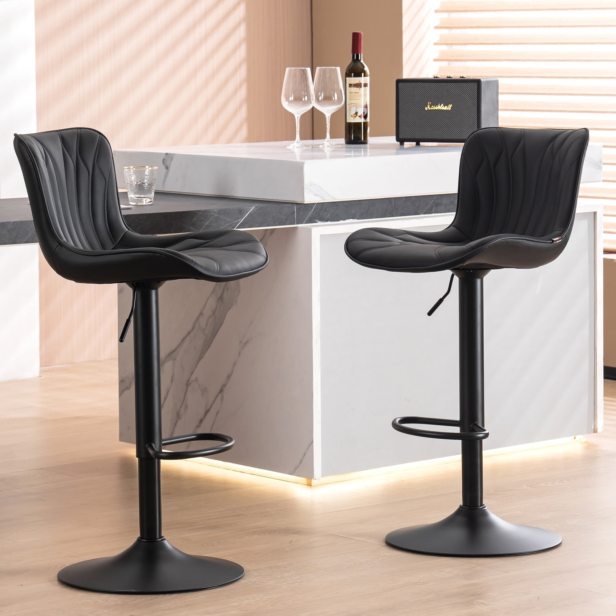 Black Faux Leather Adjustable Swivel Bar Stools Set of 2
