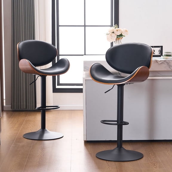 Kidol & Shellder Black Swivel Barstool 2PCS Adjustable Bentwood Bar Stool Kitchen Island Counter Stool with Faux Leather Upholstery, Backrest & Footrest, Ideal for Breakfast Bars, Dining Rooms