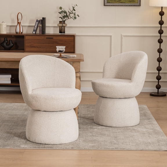 Kidol & Shellder Boucle Dining Chair 2PCS, Swivel Accent Chair with Armless Barrel Design & Mid Back, Plush Upholstered Seat for Kitchen, Living Room, Vanity Room, Easy-Clean, Beige
