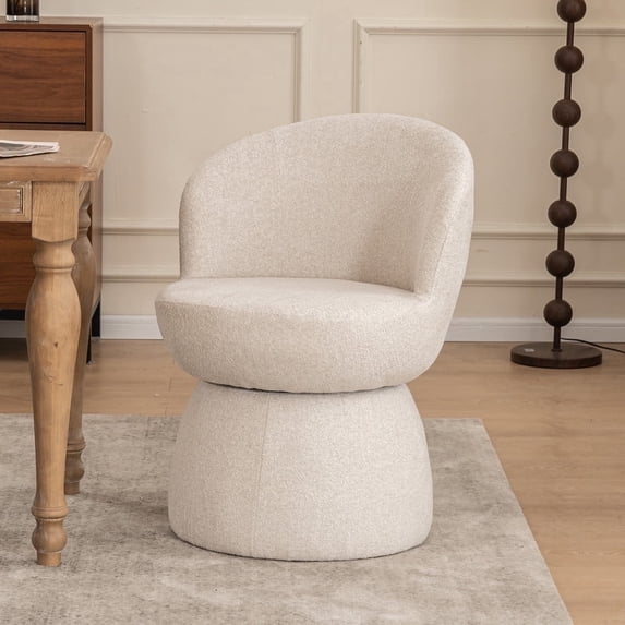 Kidol & Shellder Boucle Dining Chair, Swivel Accent Chair with Armless Barrel Design & Mid Back, Plush Upholstered Seat for Kitchen, Living Room, Vanity Room, Easy-Clean, Beige