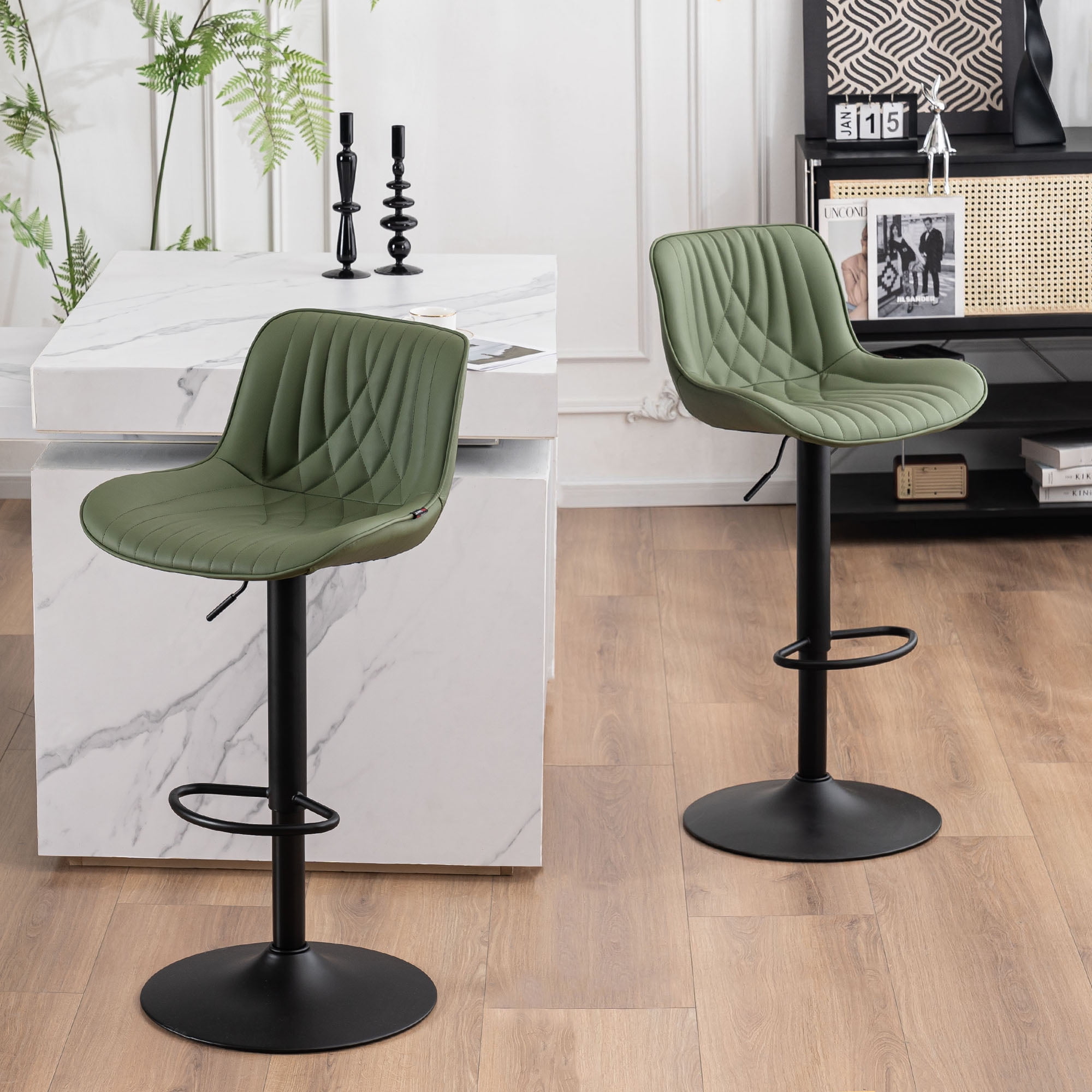 Olive Green Adjustable Swivel Faux Leather Bar Stools Set