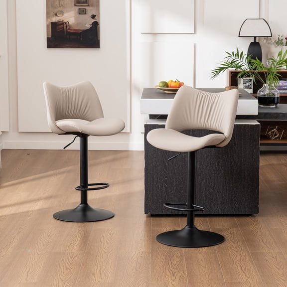 Kidol & Shellder Modern Bar Stools Set of 2, Adjustable Swivel PU Leather Counter Stools, Armless Kitchen Island Bar Chairs with Hollow Mid Backrest for Home & Bar, Khaki