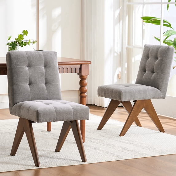 Kidol & Shellder Modern Upholstered Dining Chairs Set of 2 Tufted Armless Kitchen Chairs with Linen Fabric & Wooden Legs,Light Gray