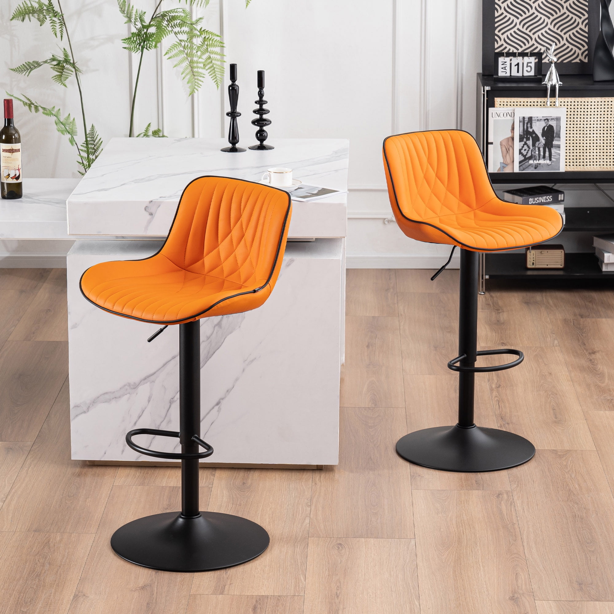 Orange Adjustable Swivel Leather Bar Stools with Pedestal Base, Set of 2