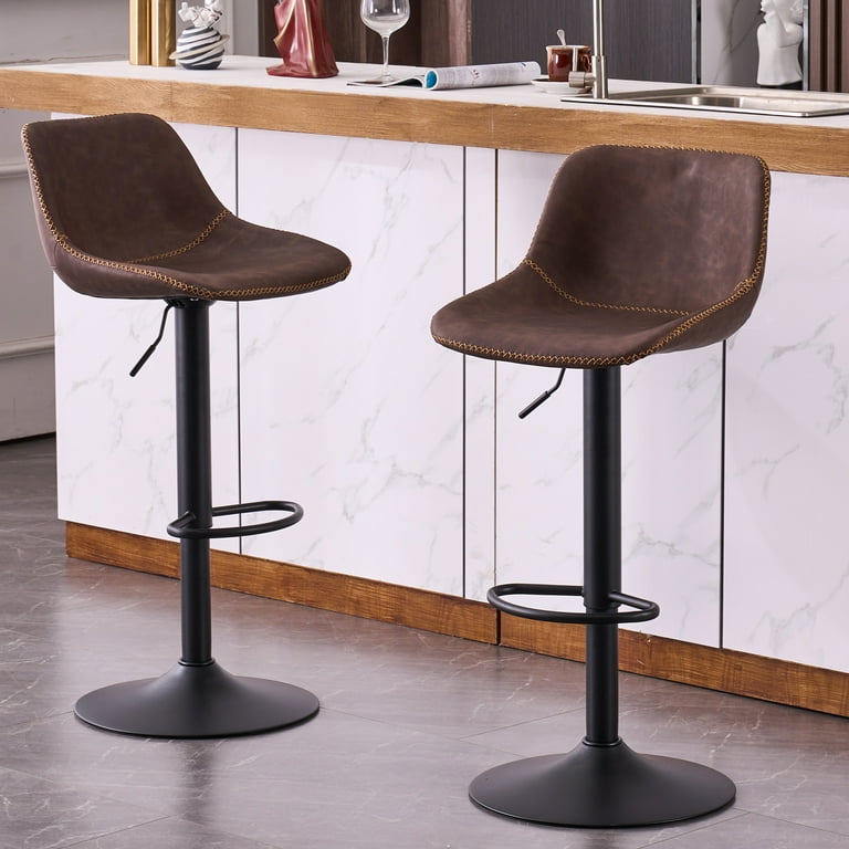 Kidol Shellder PU Bar Stools Set of 2 Adjustable Swivel Vintage Barstool with Footrest Brown