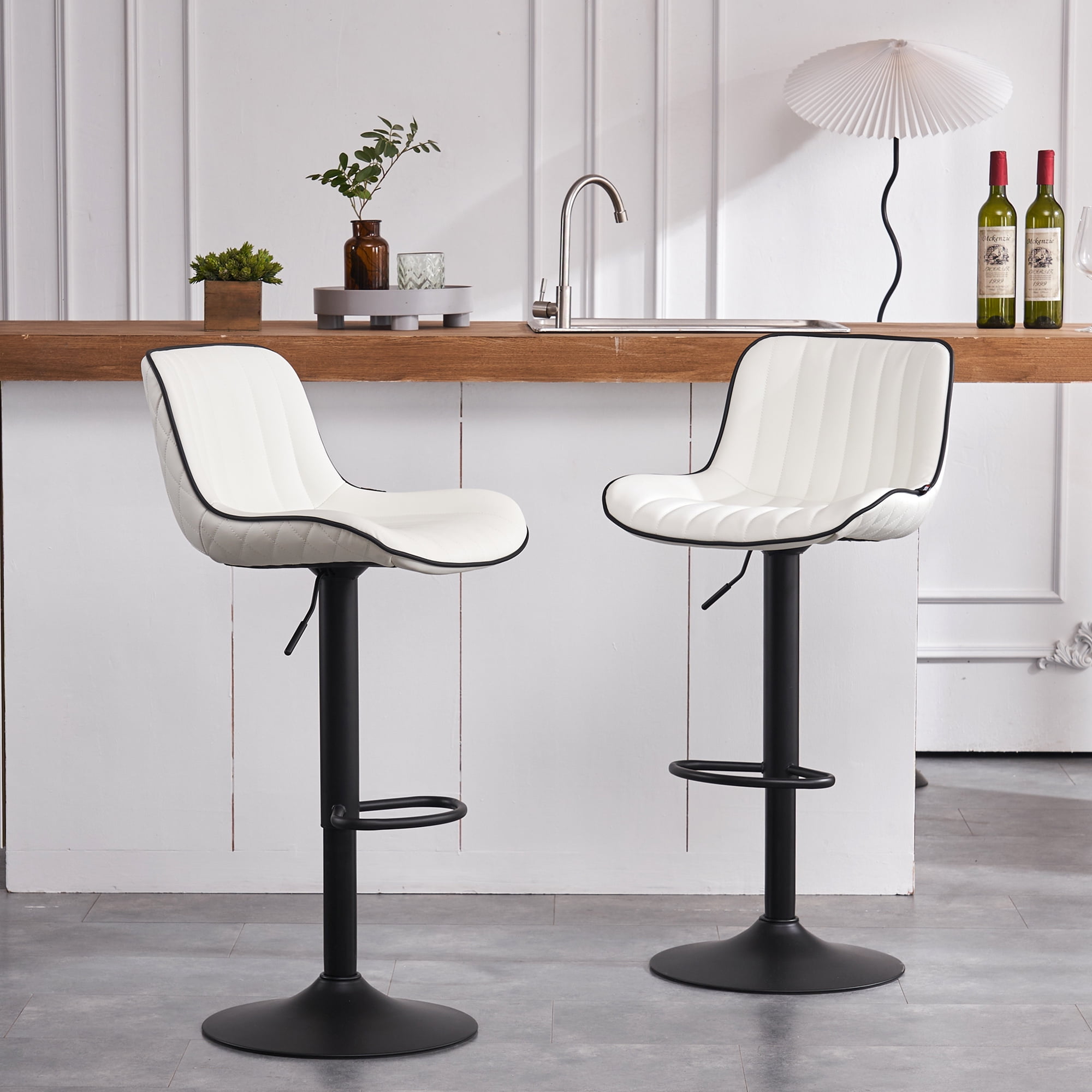 Kidol Shellder Soft Bar Stools Set of 2 White Adjustable Swivel Barstools with High Back