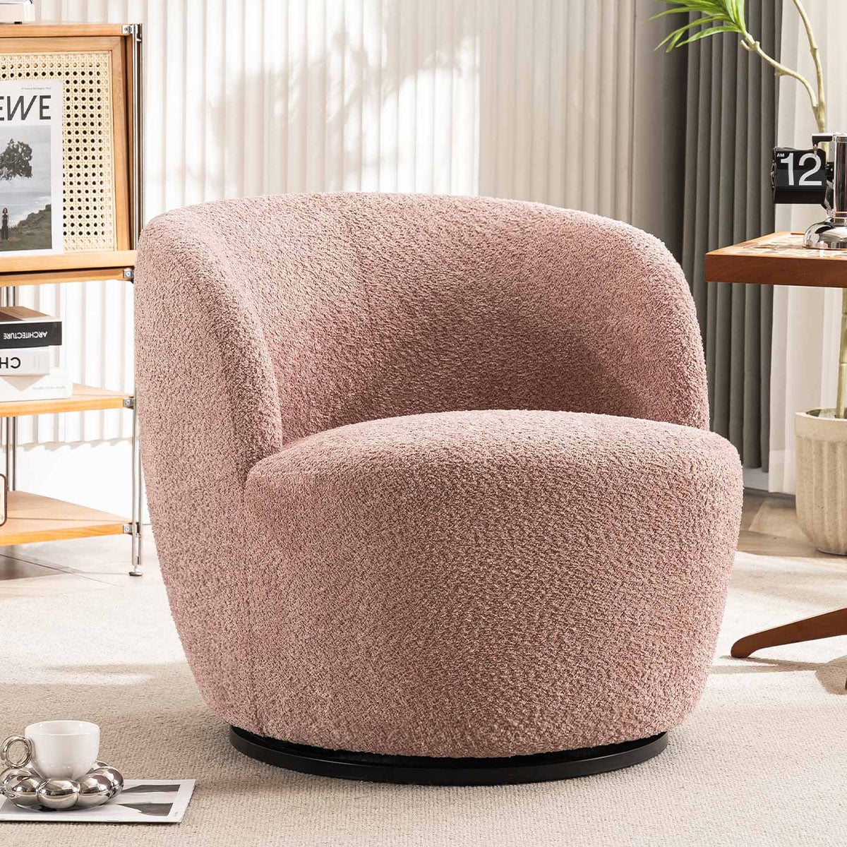 Kidol & Shellder Swivel Accent Chair Furry Round Barrel Chair 360 Degree Sofa Club Armchairs for Living Room Bedroom, Pink