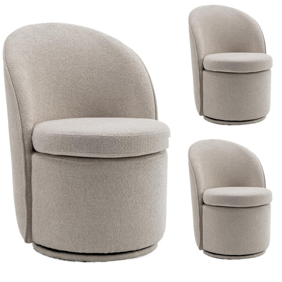 Kidol & Shellder Swivel Dining Chair with Solid Wood Frame Boucle Accent Chair with Back, Vanity Chair for Dressing Room, Comfy Living Room Seating, Easy Assembly, Beige 3PCS