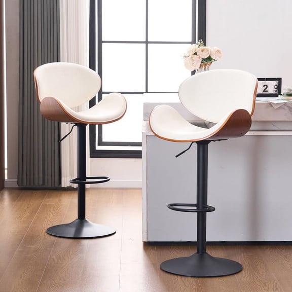 Kidol & Shellder White Swivel Barstool 2PCS Adjustable Bentwood Bar Stool Kitchen Island Counter Stool with Faux Leather Upholstery, Backrest & Footrest, Ideal for Breakfast Bars, Dining Rooms