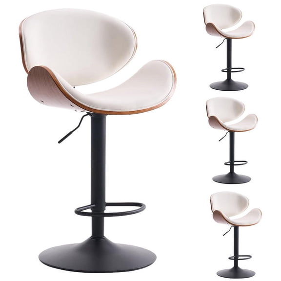 Kidol & Shellder White Swivel Barstool 4PCS Adjustable Bentwood Bar Stool Kitchen Island Counter Stool with Faux Leather Upholstery, Backrest & Footrest, Ideal for Breakfast Bars, Dining Rooms