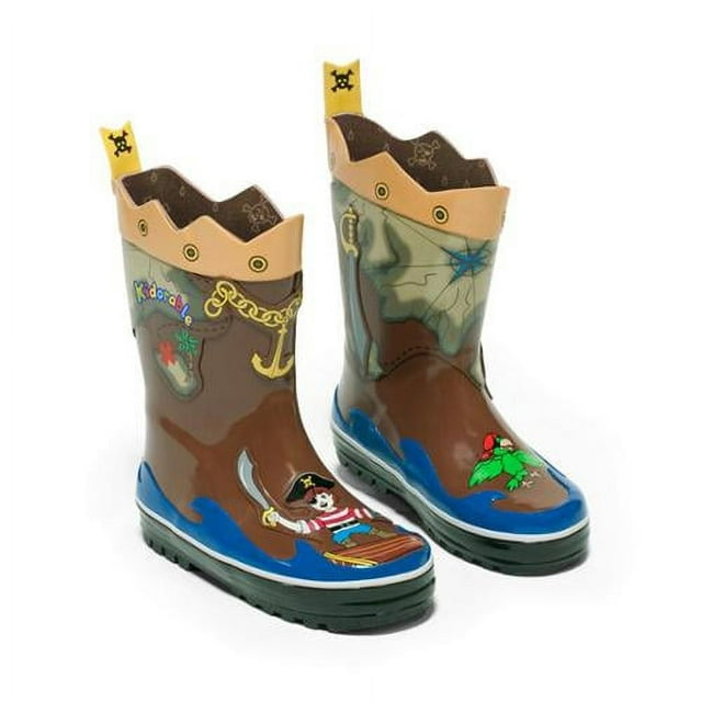 Kidorable Boys Brown Pirate Treasure Map Lined Rubber Rain Boots 12 Kids