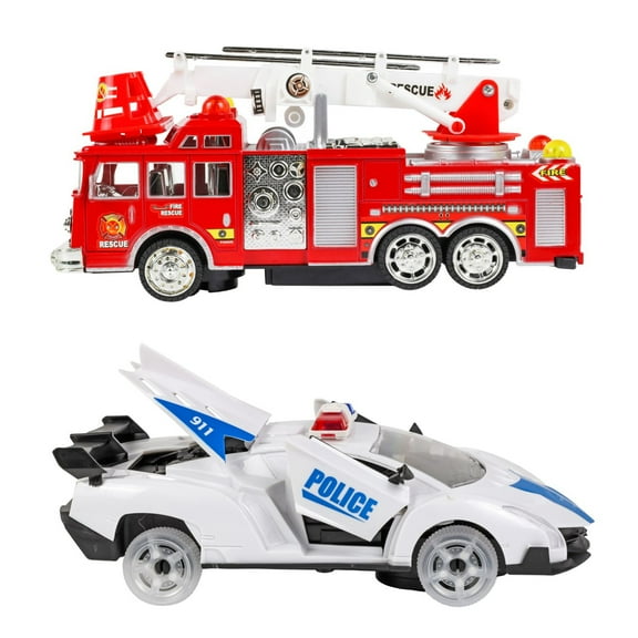 Kidplokio 2pc 360 Degree Bump N Go Fire Truck Police Car Bundle Toy Set