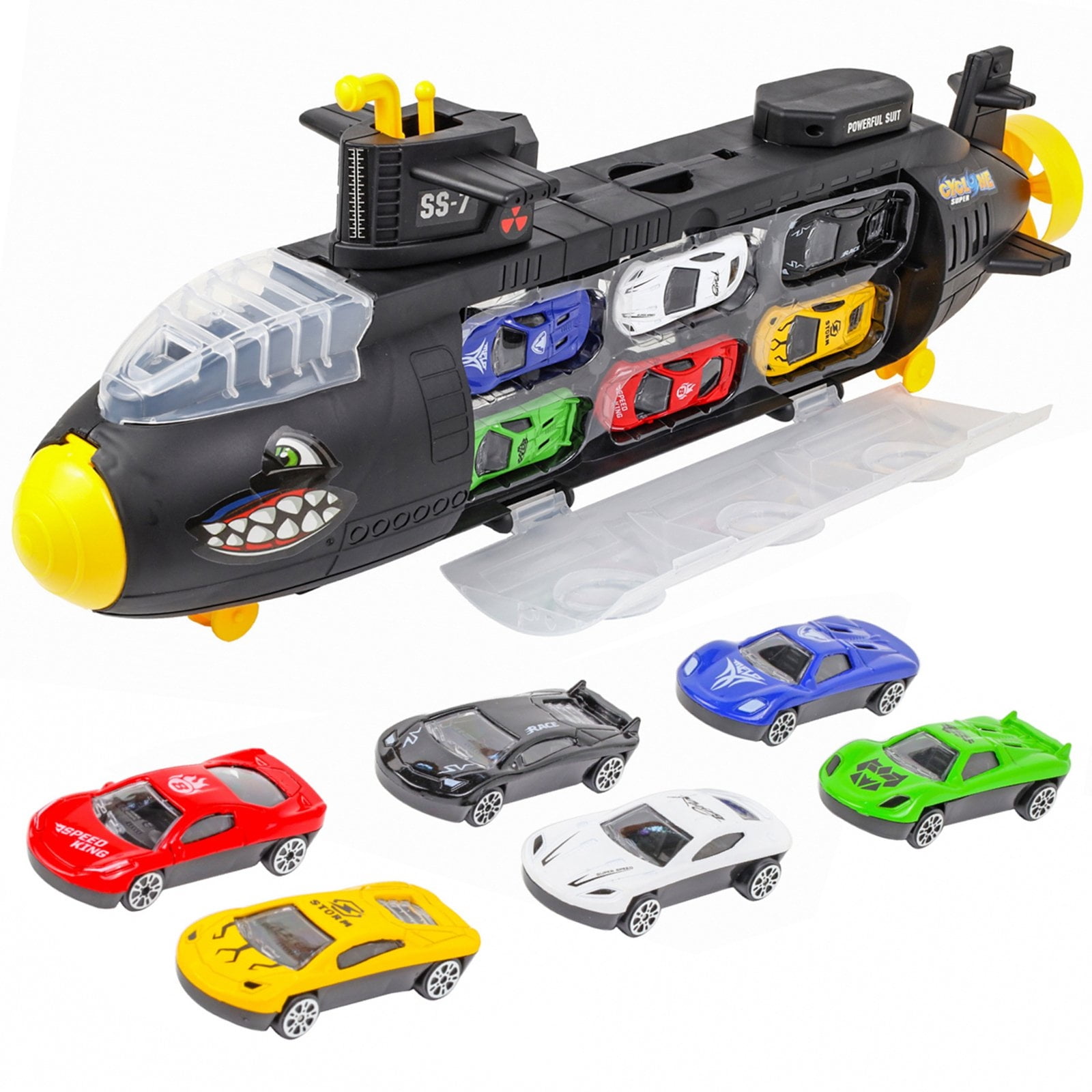 Kidplokio 7pc Submarine Shark Diecast Car Carrier Vehicle Playset