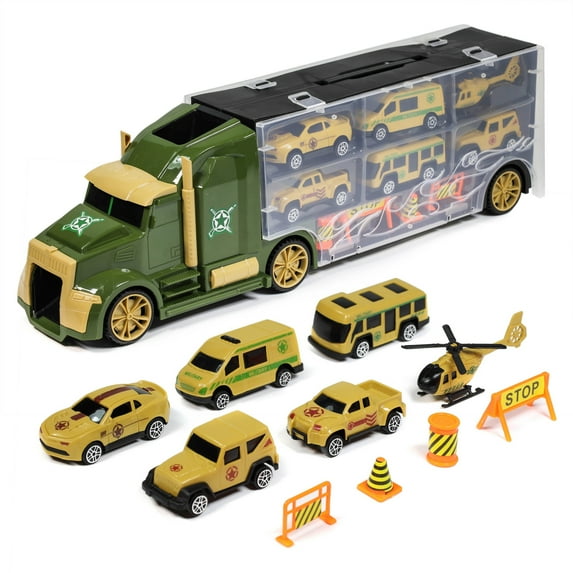 Kidplokio Army Men Diecast Car Carrier Transporter Truck with 6 Die Cast Toy Cars Vehicle Playset, Boys, Ages 3+