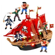 Kidplokio Pirate Ship Ocean Adventure Playset with Lights Sounds Action Figures, Red, Boys, Ages 3+