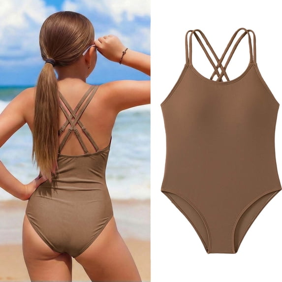 Kids 1 Piece Swimsuit Crossback Bathing Suits Quick Dry Beach Swimwear with Adjustable Straps Swimsuit for Girls 9-10 Years