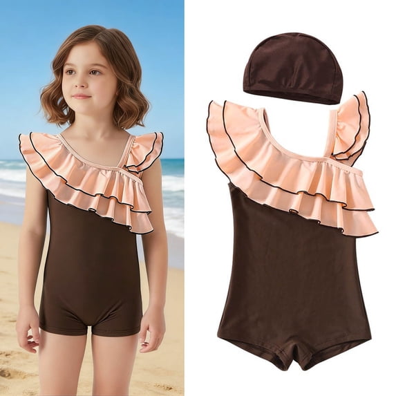 Kids 1 Piece Swimsuit Cute Ruffle Swimming Suits Quick Dry Beach Swimwear with Swim Cap Kids Swimsuit Girl 9-10 Years