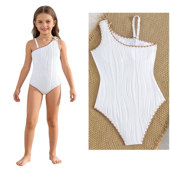 Kids 1 Piece Swimsuit Ribbed Swimming Suits Quick Dry Beach Swimwear with Adjustable Straps Kids Bathing Suit Girl 7-8 Years