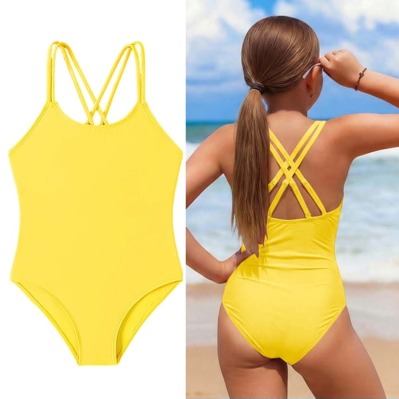Kids 1 Piece Swimsuit Sleeveless Swimming Suits Quick Dry Summer Swimwear Cross Shoulder Strap Swimsuit for Girls 9-10 Years