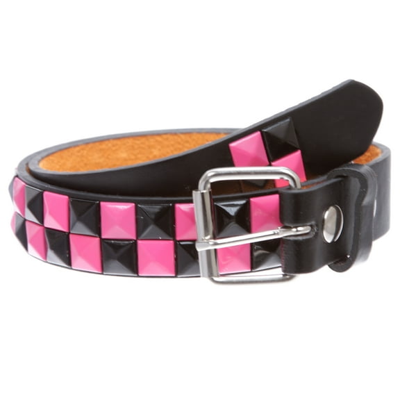 Kids 1" Snap On Black & Fuchsia Checkerboard Punk Rock Studded Leather Belt