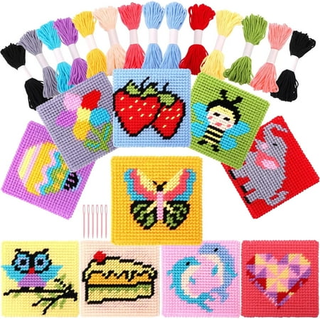 Kids 10-in-1 Cross Stitch Beginner Kit for Kids, Includes Instruction of 10 Different Patterns, 10 Blank Plastic Canvas, and 14 Colored Threads