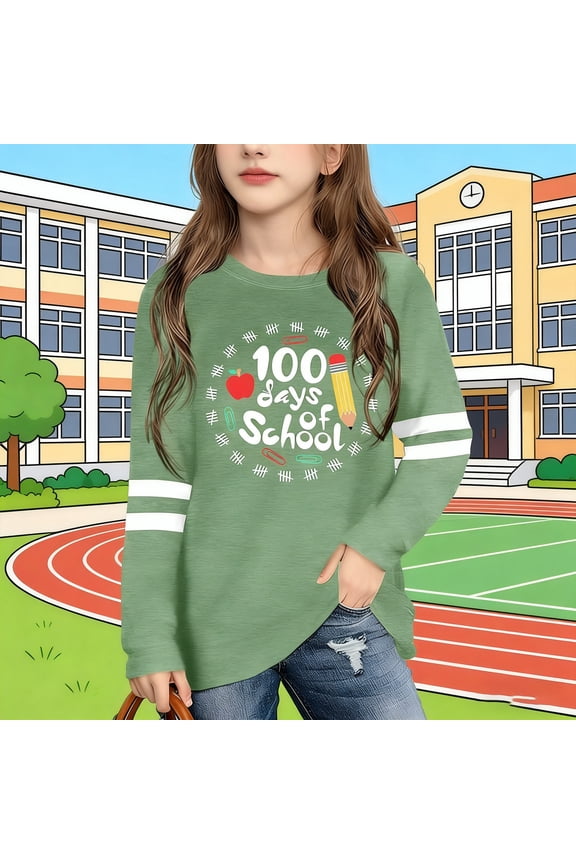 Kids' 100 Days Of School Apple Pencil Print Long Sleeve T Shirt With Round Neck And Color Block Top Green 4 Y-5 Y