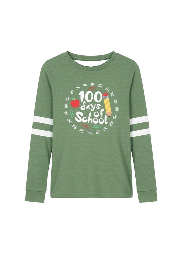 Kids' 100 Days Of School Apple Pencil Print Long Sleeve T Shirt With Round Neck And Color Block Top Green 5 Y-6 Y