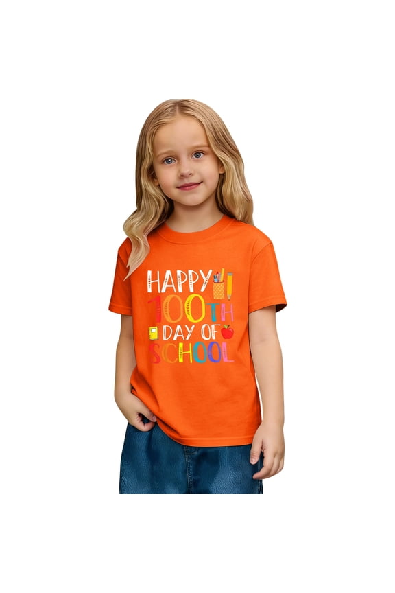 Kids 100 Days Of School Letter Graphic Shirt Short Sleeve Kids Back To School T-Shirt Orange 12 Y-13 Y