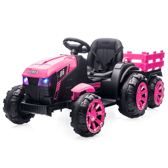 Kids 12V Ride On Tractor with Trailer, Ride on Toy Tractor with Remote Control, Battery Powered Electric Vehicle Car with Wheels, 35W Dual Motors LED Lights Music for Boys Girls