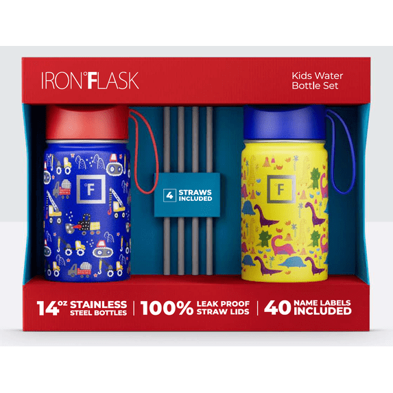 Kids 14 oz Water Bottle (Set of 2) Boys - BPA Free Stainless Steel, Replacement Straws, 20 Name Stickers, Leak Proof